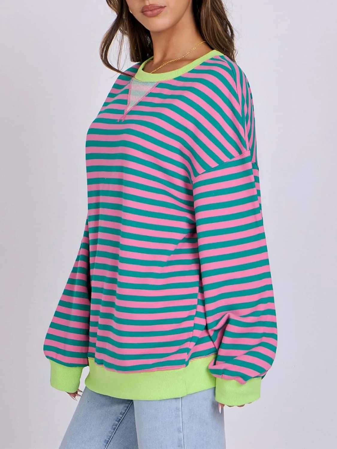 Women Oversized Striped Color Block Long Sleeve Crew Neck Sweatshirt Casual Loose Pullover Y2K Shirt Top