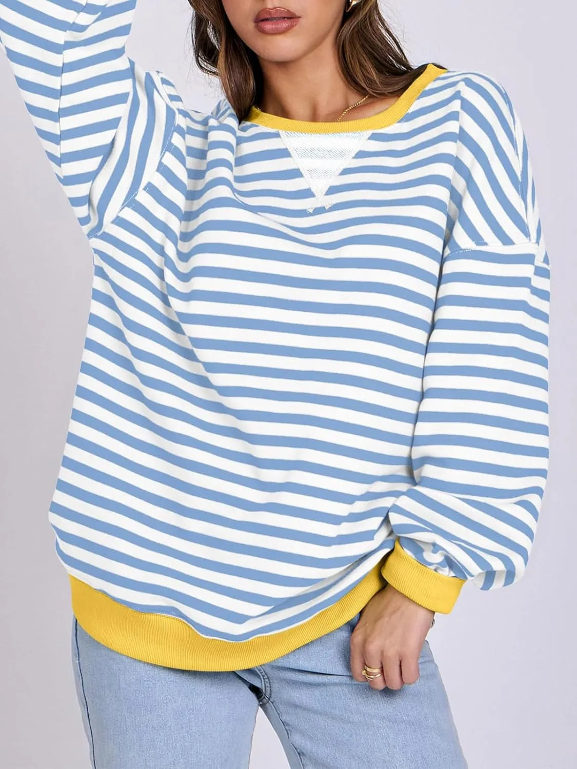 Women Oversized Striped Color Block Long Sleeve Crew Neck Sweatshirt Casual Loose Pullover Y2K Shirt Top