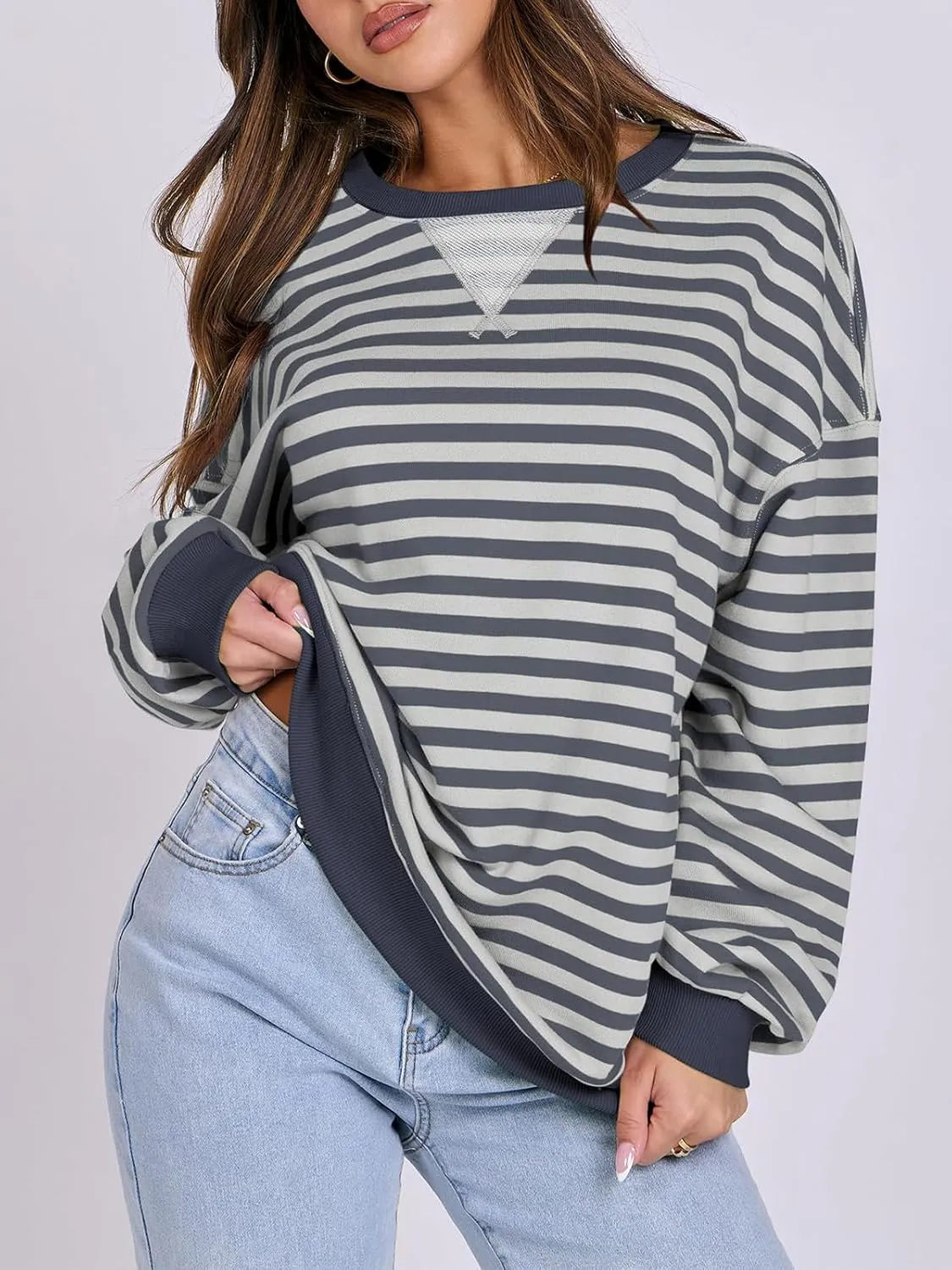 Women Oversized Striped Color Block Long Sleeve Crew Neck Sweatshirt Casual Loose Pullover Y2K Shirt Top