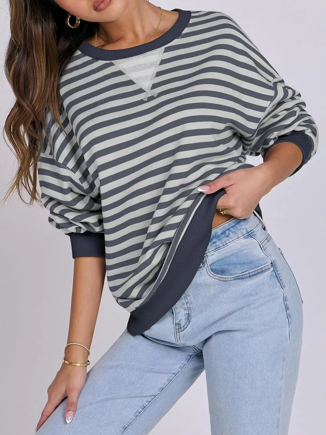 Women Oversized Striped Color Block Long Sleeve Crew Neck Sweatshirt Casual Loose Pullover Y2K Shirt Top
