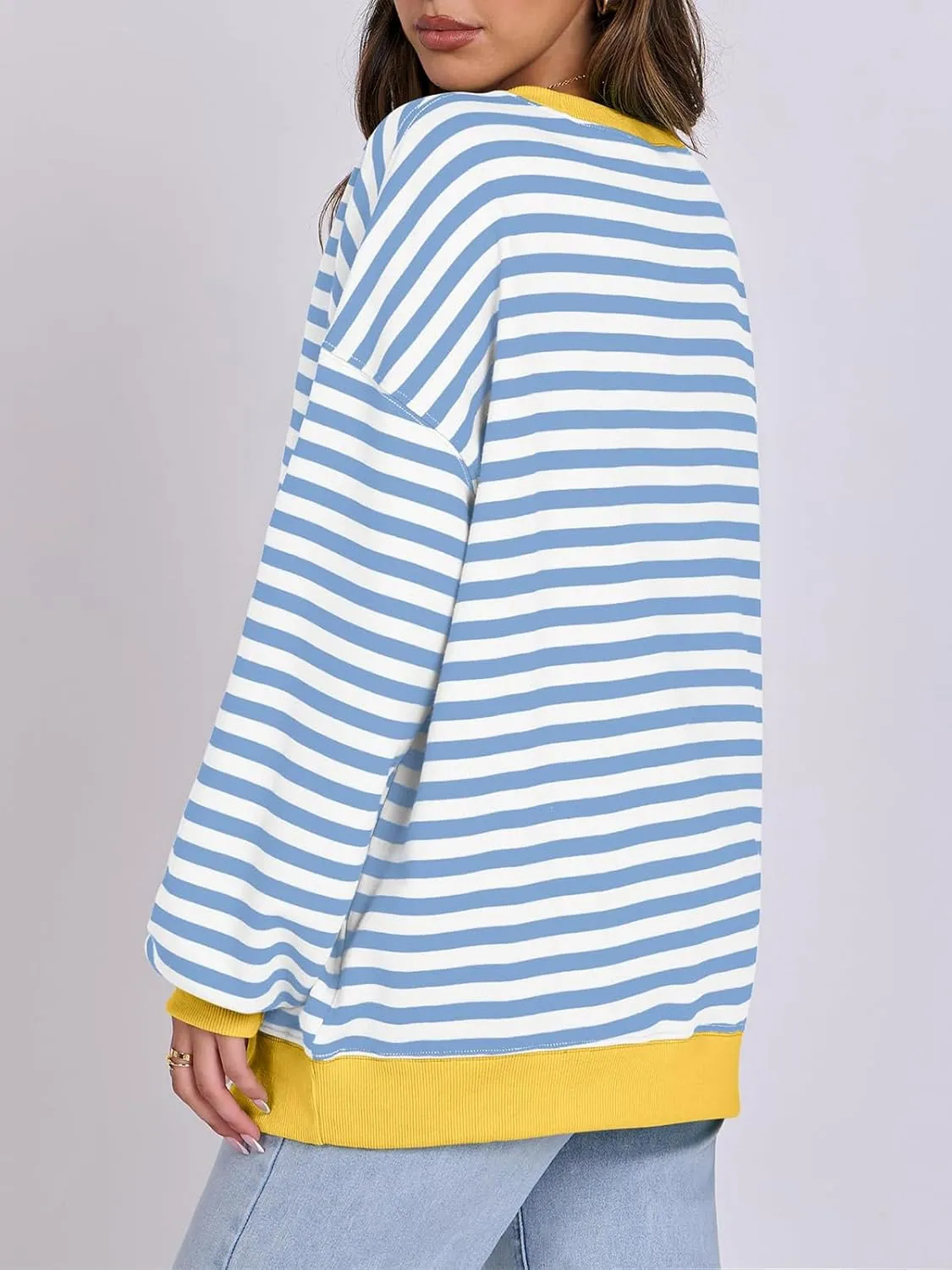 Women Oversized Striped Color Block Long Sleeve Crew Neck Sweatshirt Casual Loose Pullover Y2K Shirt Top