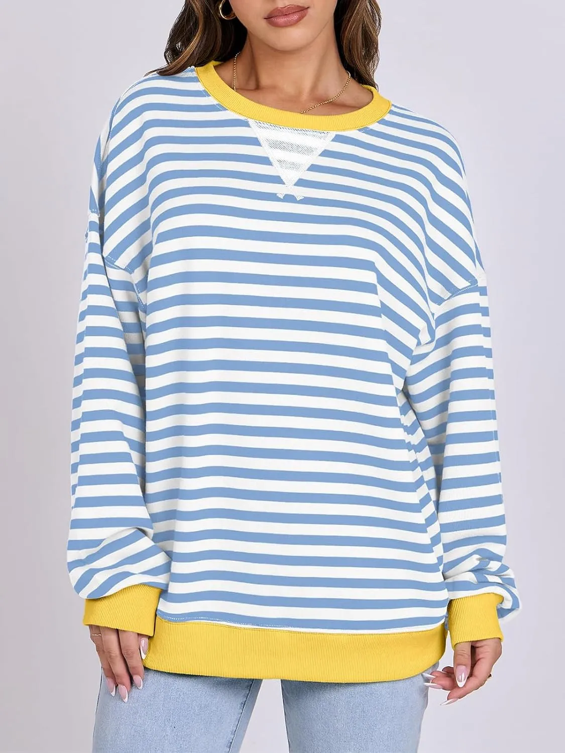 Women Oversized Striped Color Block Long Sleeve Crew Neck Sweatshirt Casual Loose Pullover Y2K Shirt Top