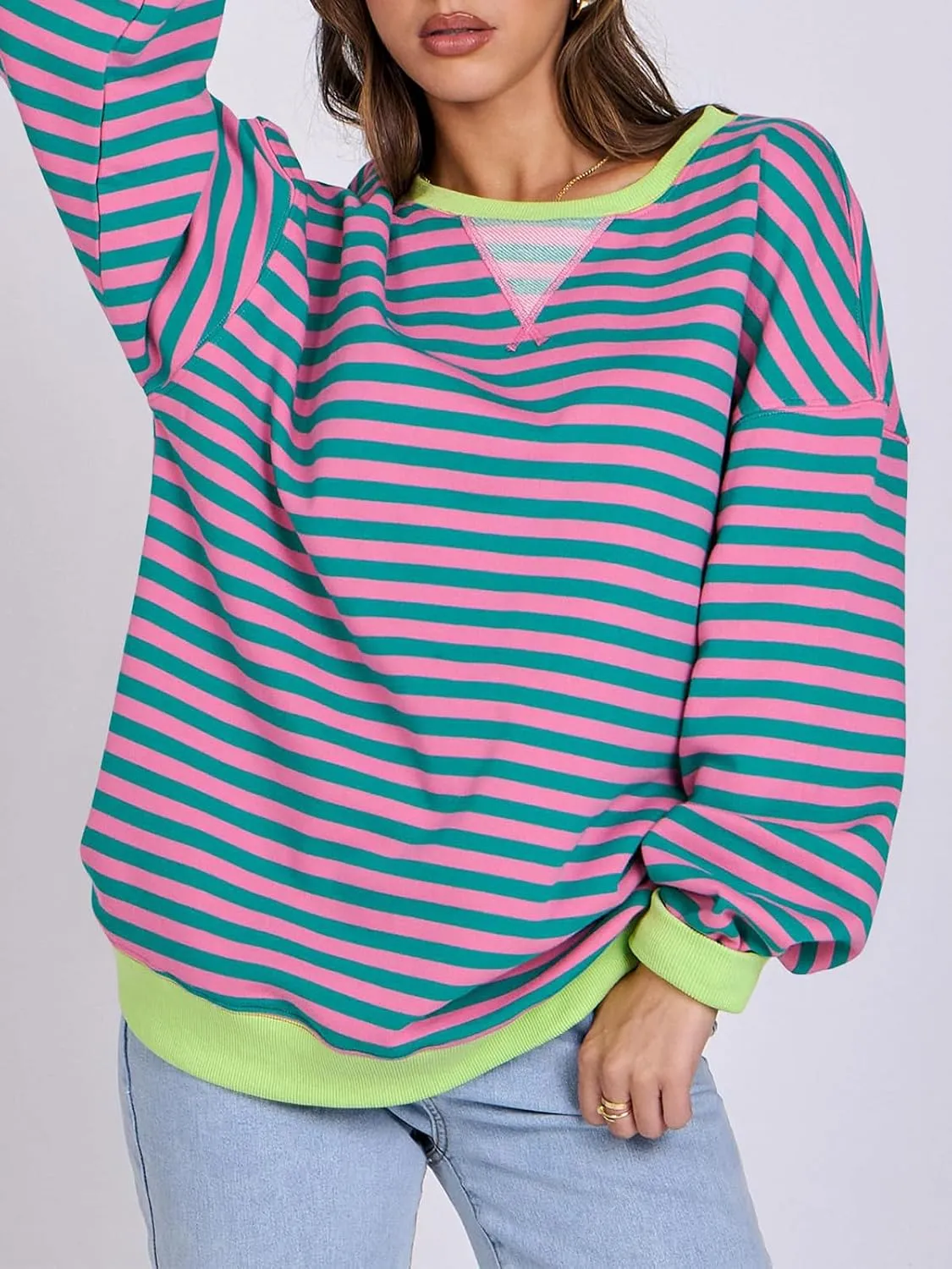 Women Oversized Striped Color Block Long Sleeve Crew Neck Sweatshirt Casual Loose Pullover Y2K Shirt Top