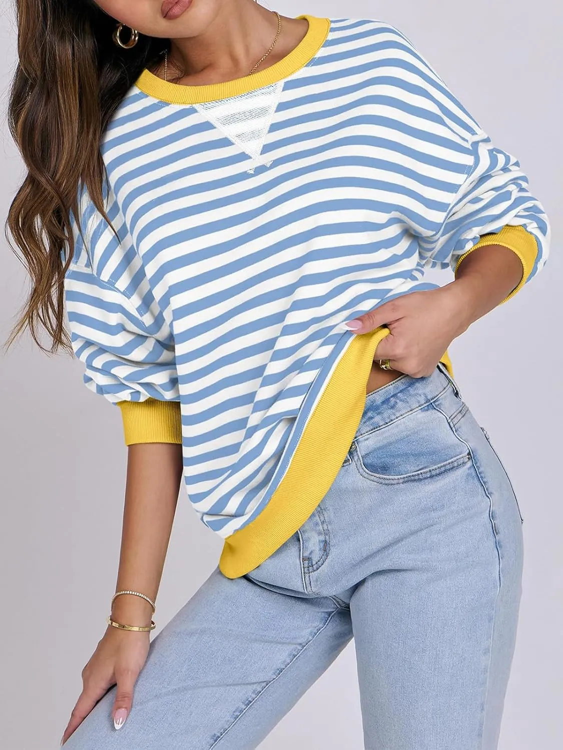 Women Oversized Striped Color Block Long Sleeve Crew Neck Sweatshirt Casual Loose Pullover Y2K Shirt Top