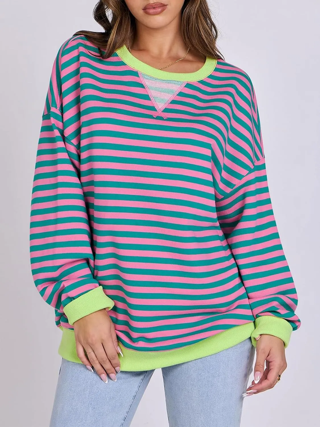 Women Oversized Striped Color Block Long Sleeve Crew Neck Sweatshirt Casual Loose Pullover Y2K Shirt Top