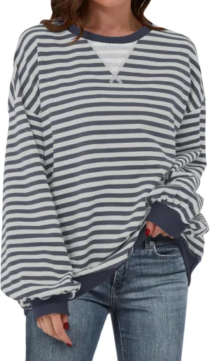 Women Oversized Striped Color Block Long Sleeve Crew Neck Sweatshirt Casual Loose Pullover Y2K Shirt Top