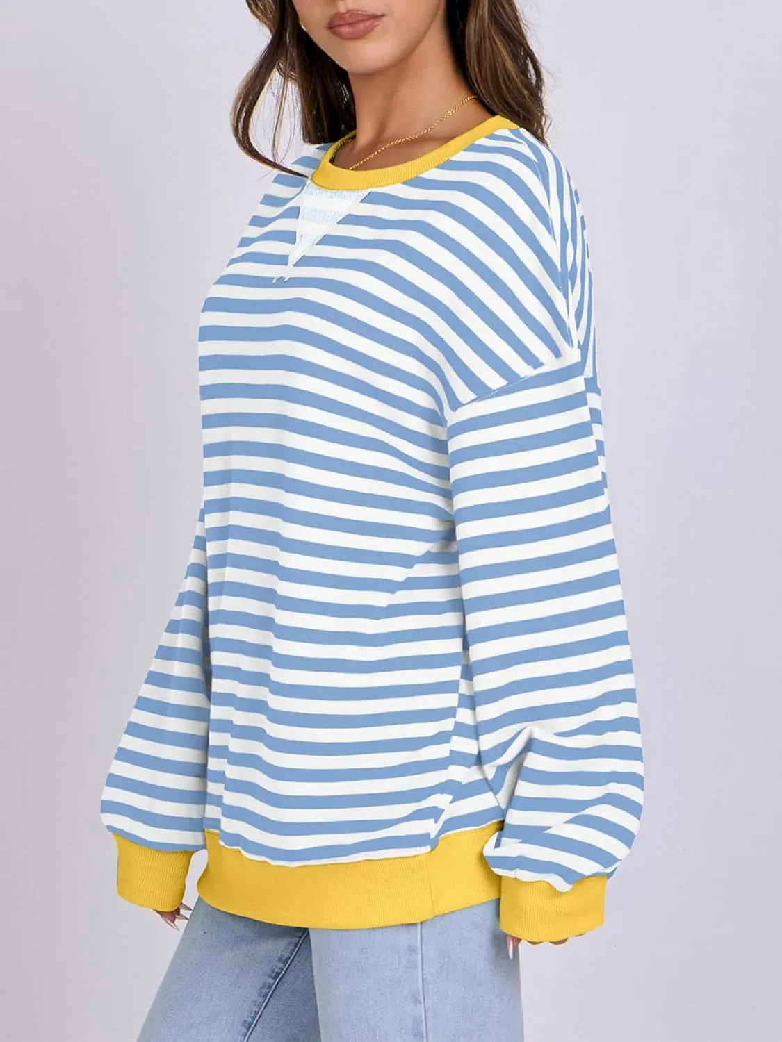 Women Oversized Striped Color Block Long Sleeve Crew Neck Sweatshirt Casual Loose Pullover Y2K Shirt Top