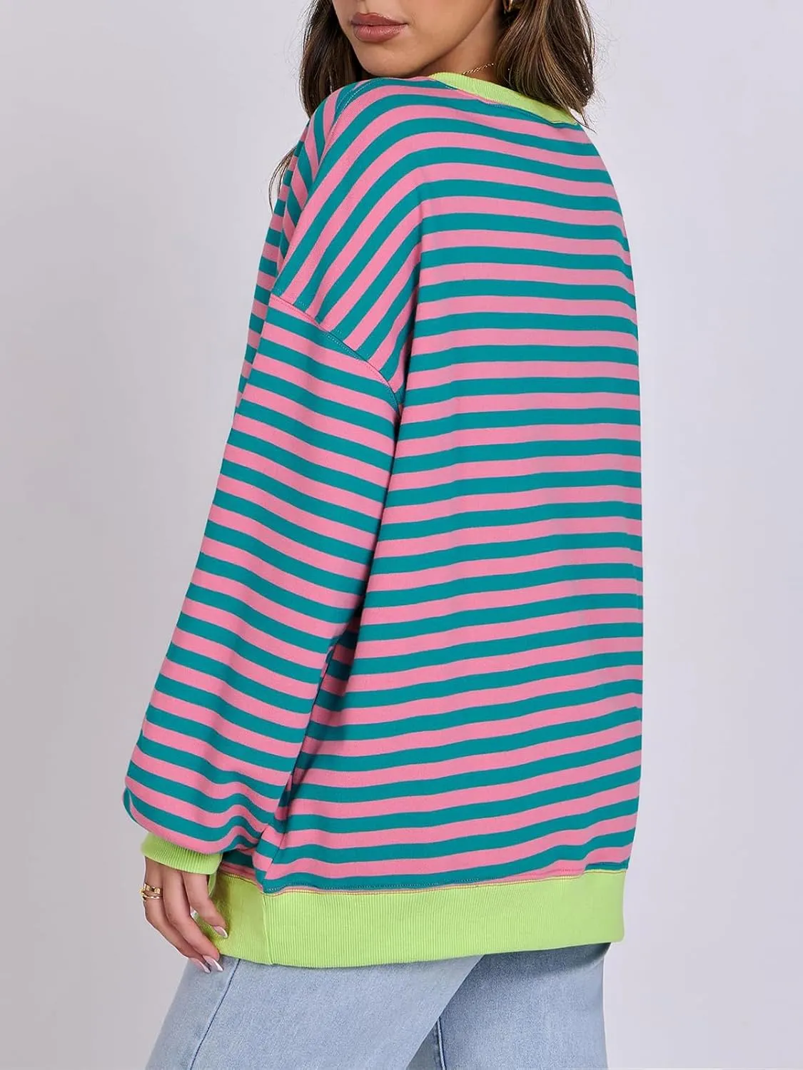 Women Oversized Striped Color Block Long Sleeve Crew Neck Sweatshirt Casual Loose Pullover Y2K Shirt Top