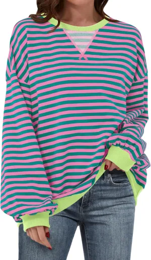 Women Oversized Striped Color Block Long Sleeve Crew Neck Sweatshirt Casual Loose Pullover Y2K Shirt Top