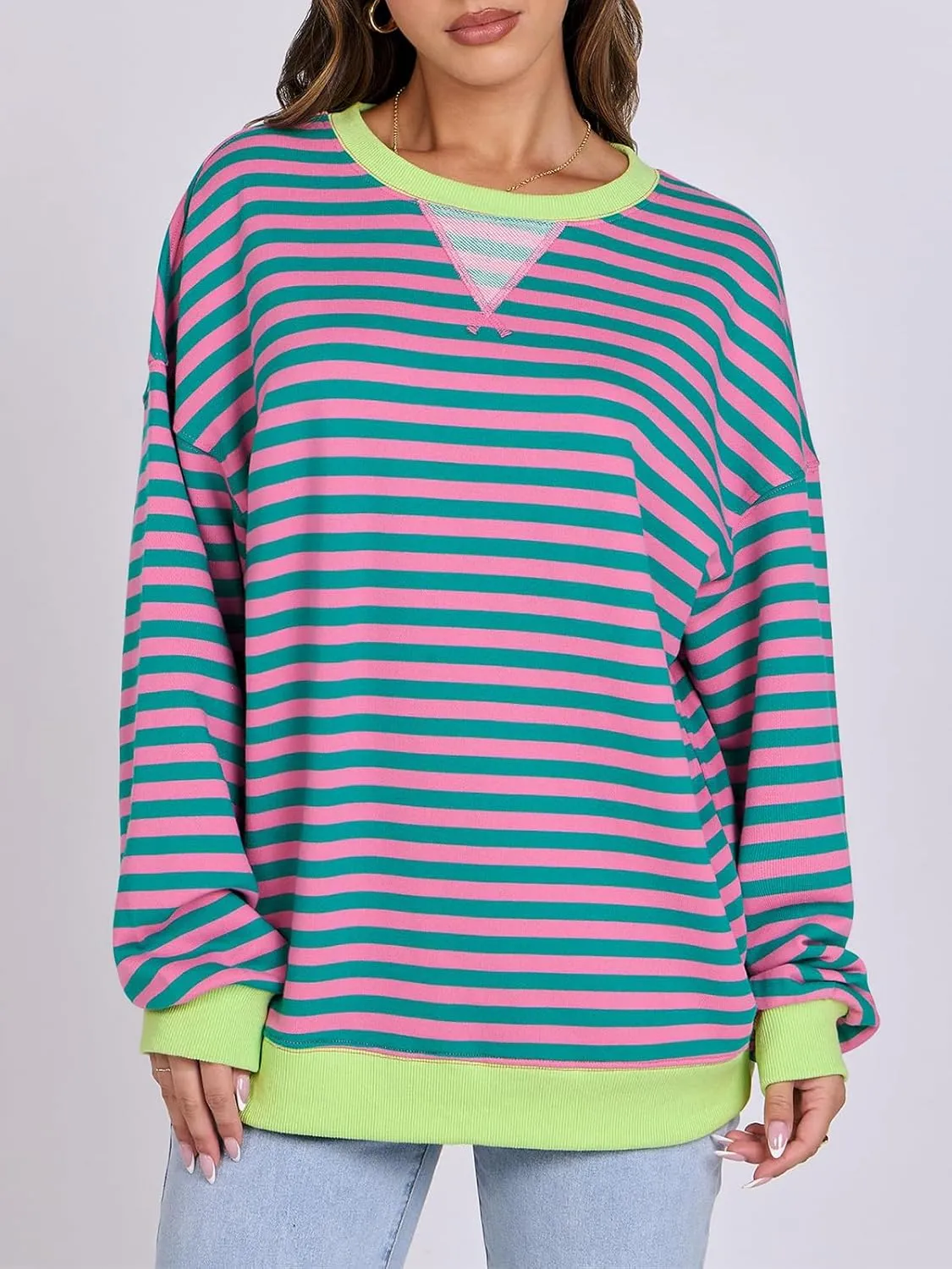 Women Oversized Striped Color Block Long Sleeve Crew Neck Sweatshirt Casual Loose Pullover Y2K Shirt Top