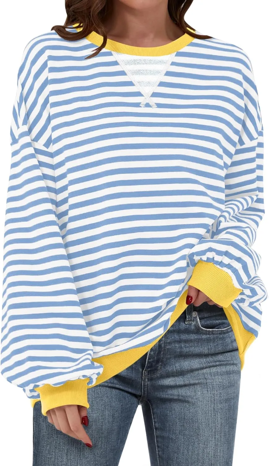 Women Oversized Striped Color Block Long Sleeve Crew Neck Sweatshirt Casual Loose Pullover Y2K Shirt Top