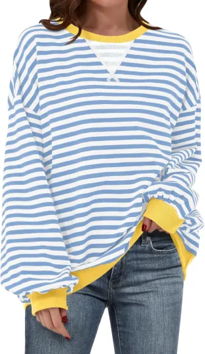 Women Oversized Striped Color Block Long Sleeve Crew Neck Sweatshirt Casual Loose Pullover Y2K Shirt Top