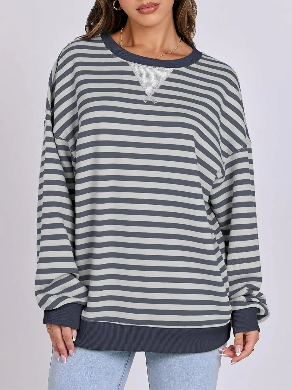 Women Oversized Striped Color Block Long Sleeve Crew Neck Sweatshirt Casual Loose Pullover Y2K Shirt Top