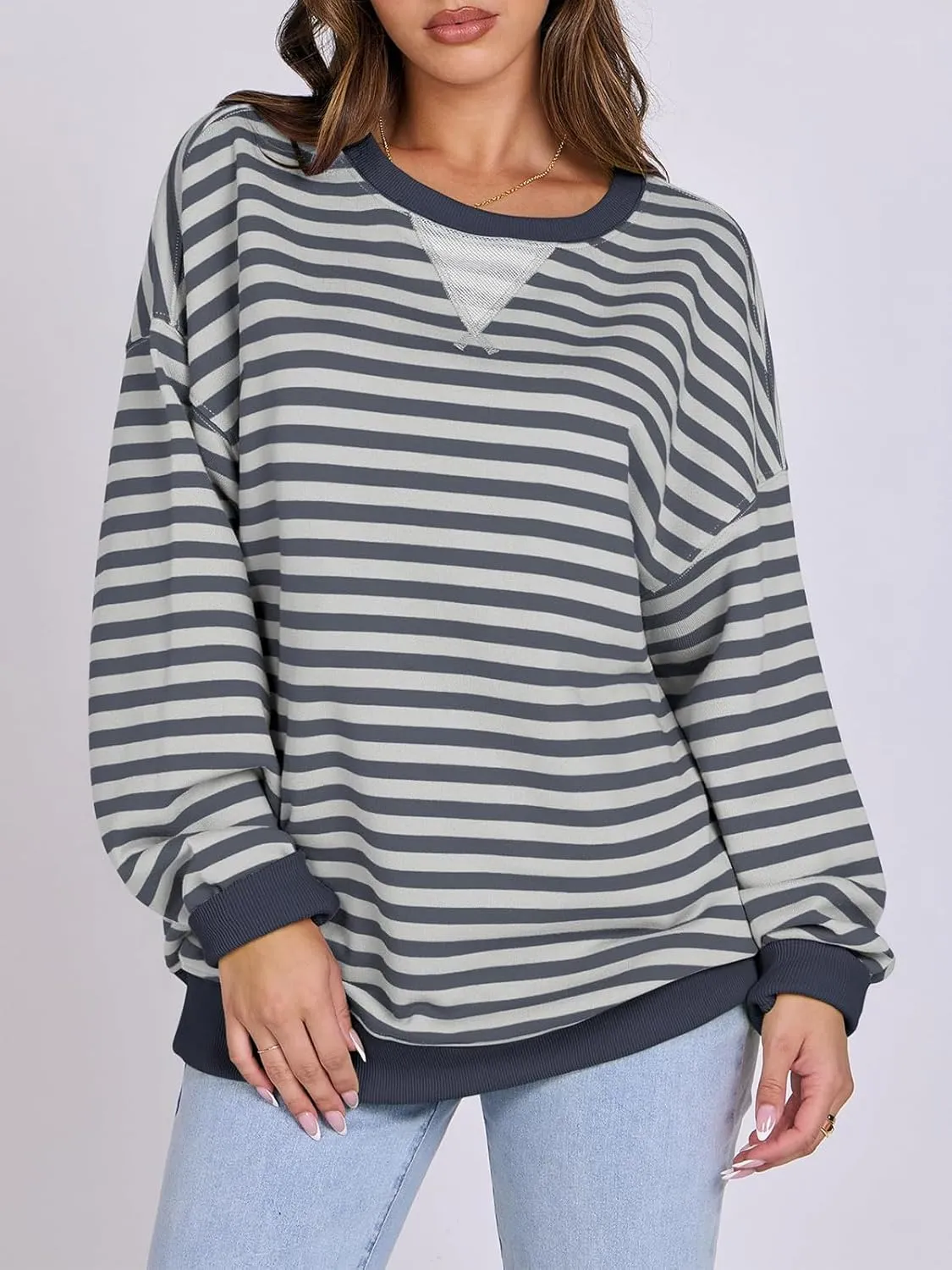 Women Oversized Striped Color Block Long Sleeve Crew Neck Sweatshirt Casual Loose Pullover Y2K Shirt Top