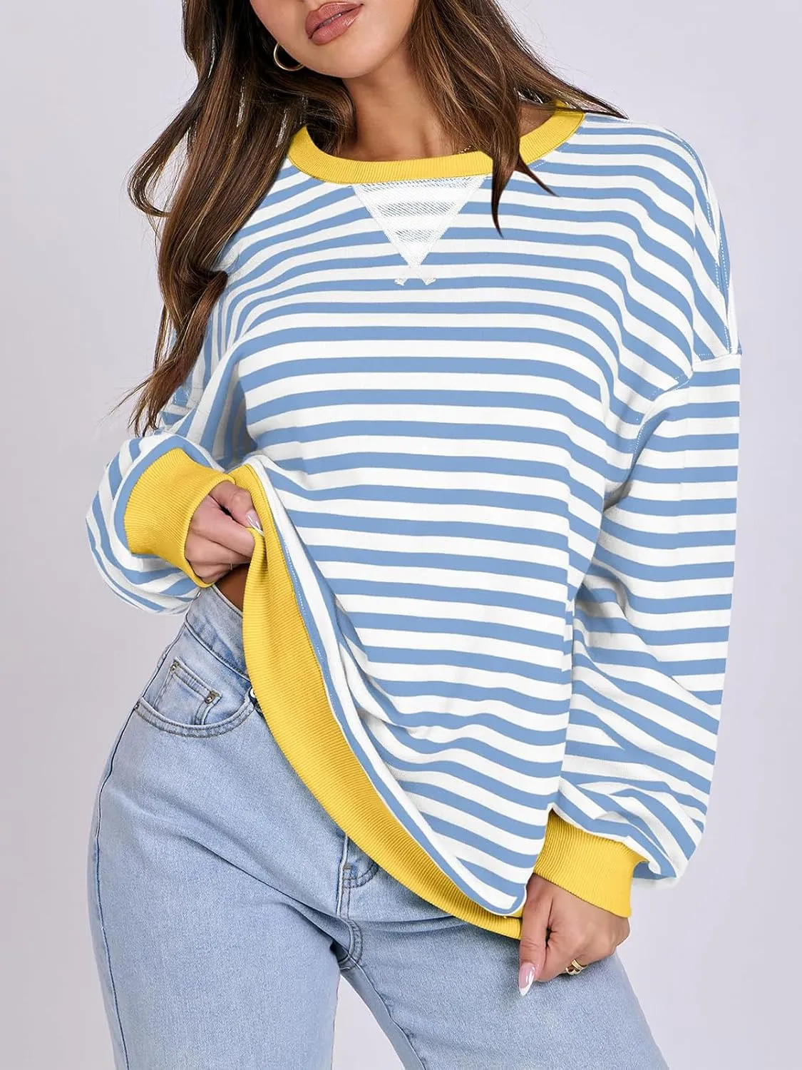 Women Oversized Striped Color Block Long Sleeve Crew Neck Sweatshirt Casual Loose Pullover Y2K Shirt Top