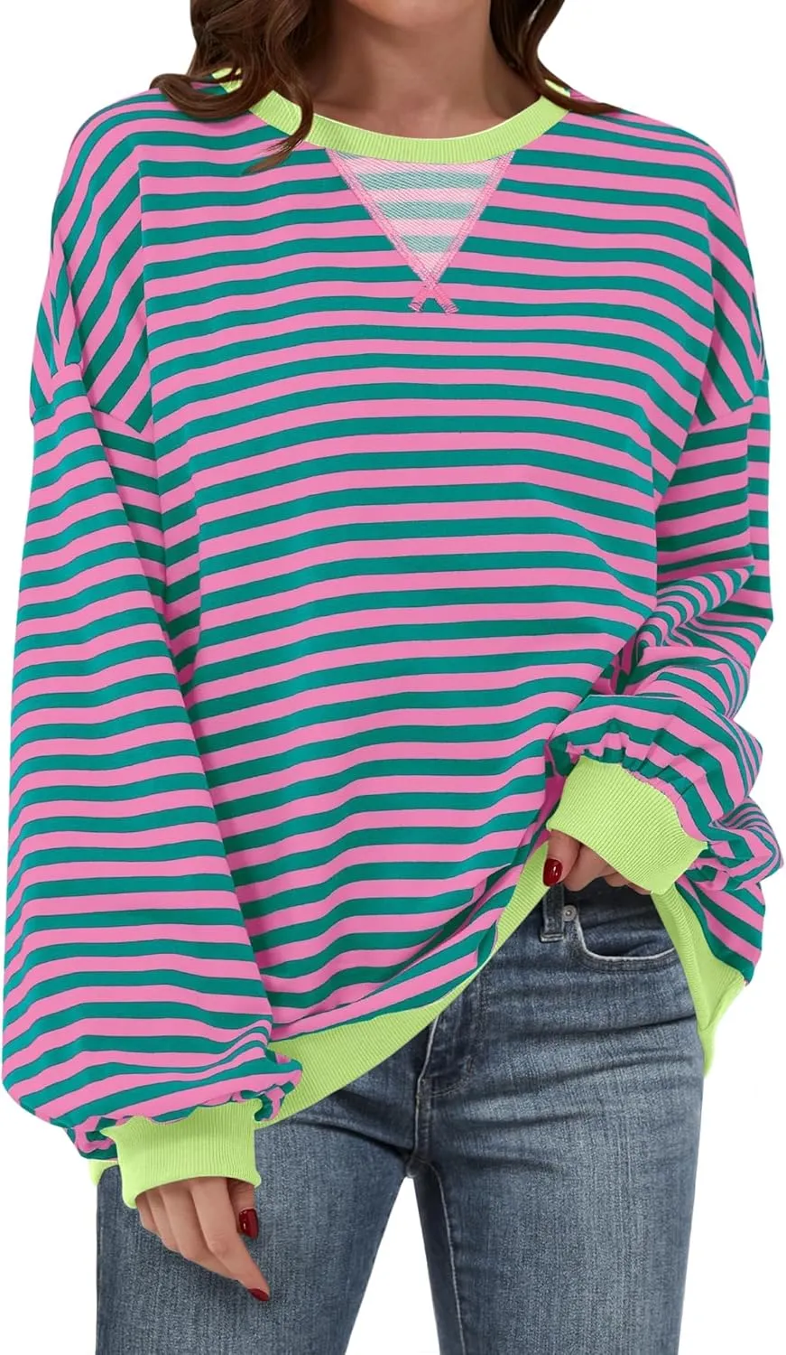 Women Oversized Striped Color Block Long Sleeve Crew Neck Sweatshirt Casual Loose Pullover Y2K Shirt Top