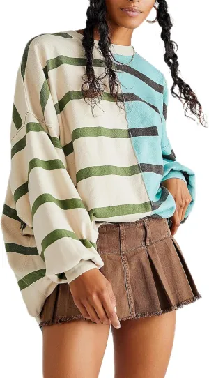 Women Oversized Sweatshirts Y2k Striped Shirts Color Block Long Sleeve Crewneck Sweatshirt Casual Loose Pullover Top