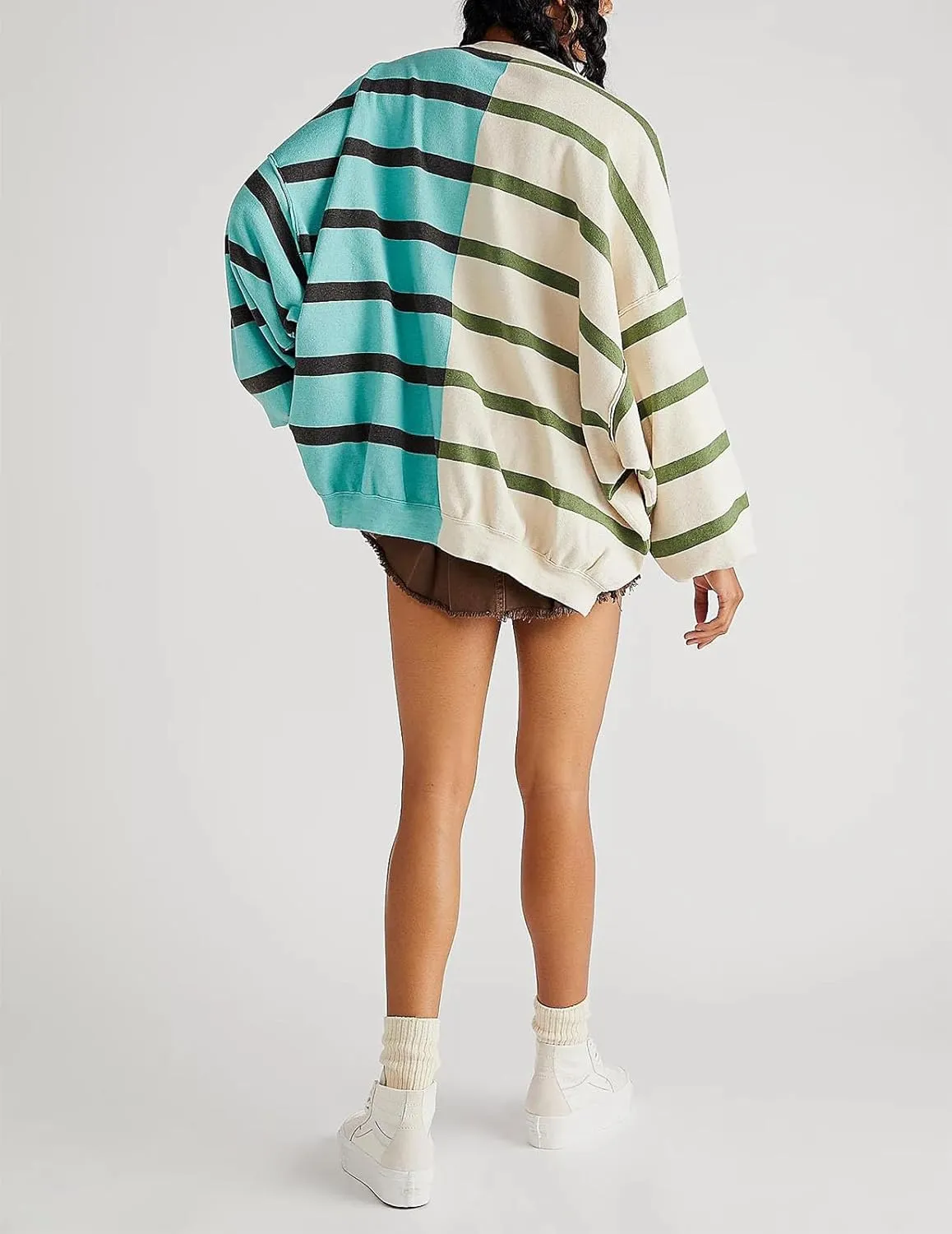 Women Oversized Sweatshirts Y2k Striped Shirts Color Block Long Sleeve Crewneck Sweatshirt Casual Loose Pullover Top
