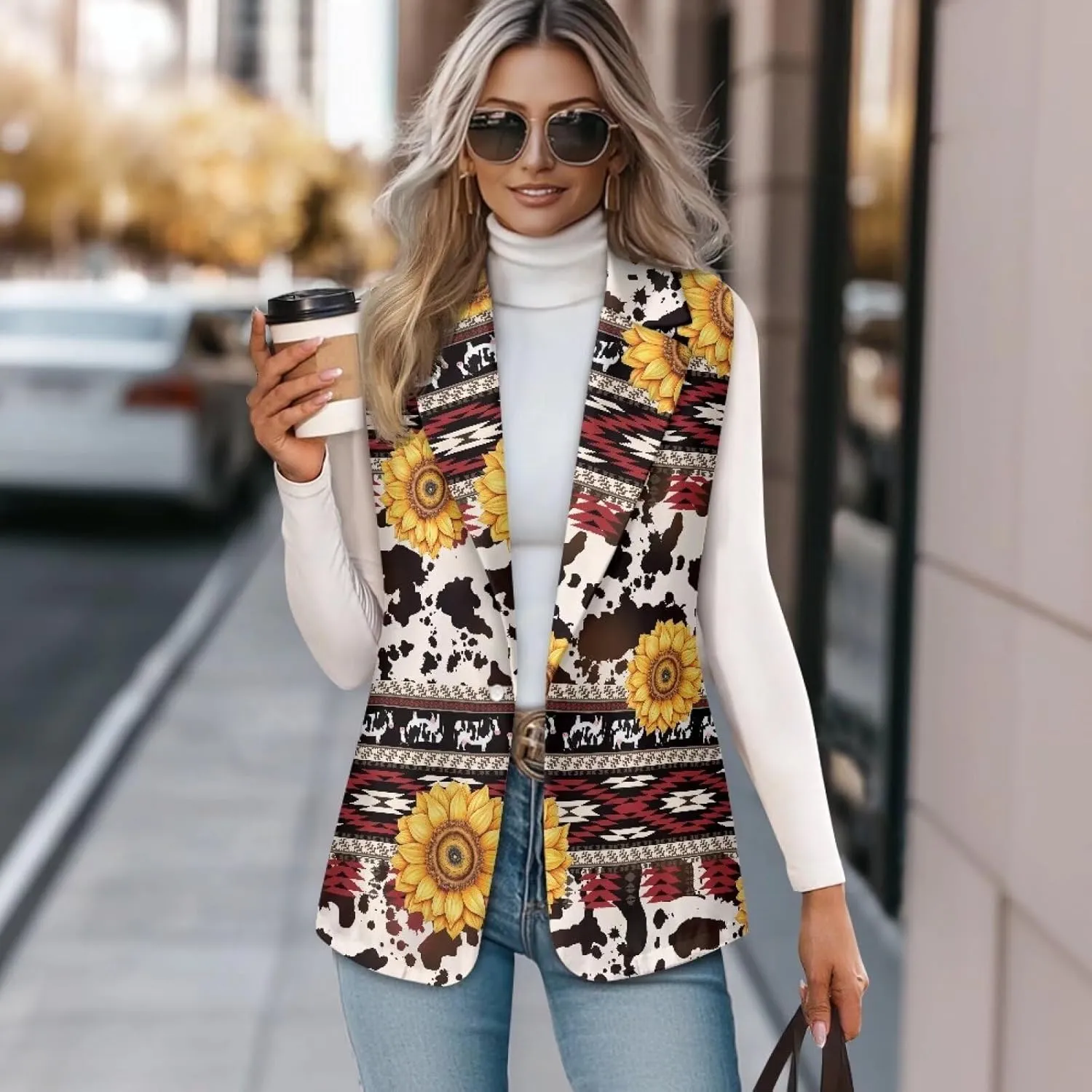 Women's Aztec Print Western Ethnic Dressy Casual Versatile Western Aztec Full Lined Vest Tuxedo Suit Waistcoat