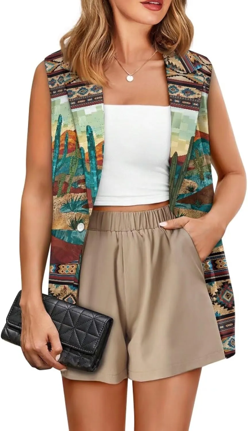 Women's Aztec Print Western Ethnic Dressy Casual Versatile Western Aztec Full Lined Vest Tuxedo Suit Waistcoat