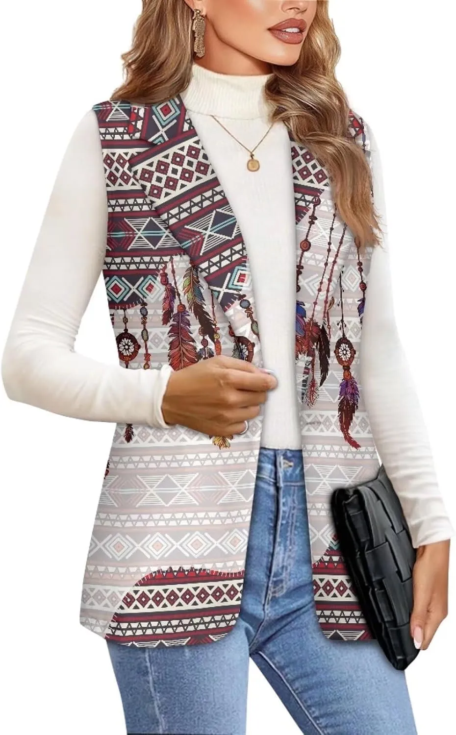 Women's Aztec Print Western Ethnic Dressy Casual Versatile Western Aztec Full Lined Vest Tuxedo Suit Waistcoat