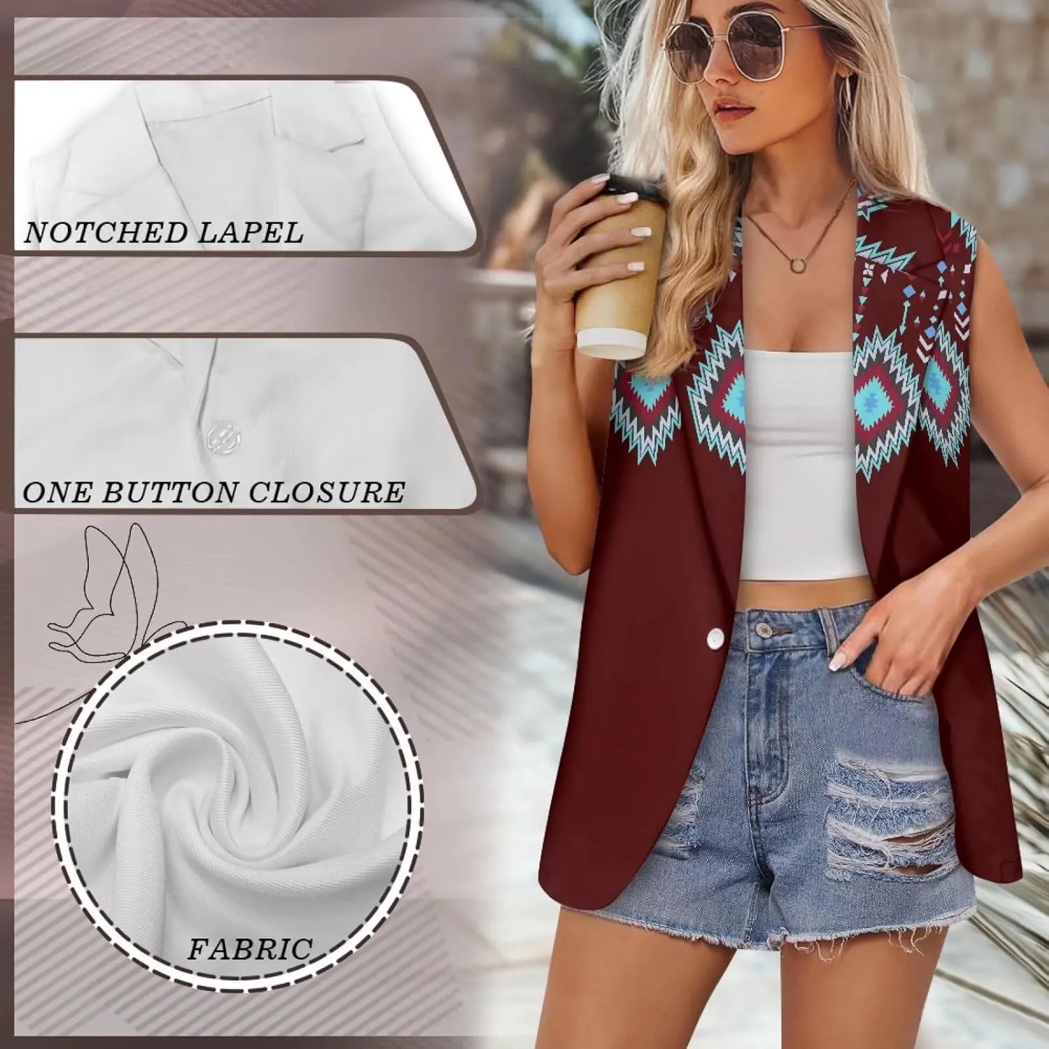 Women's Aztec Print Western Ethnic Dressy Casual Versatile Western Aztec Full Lined Vest Tuxedo Suit Waistcoat
