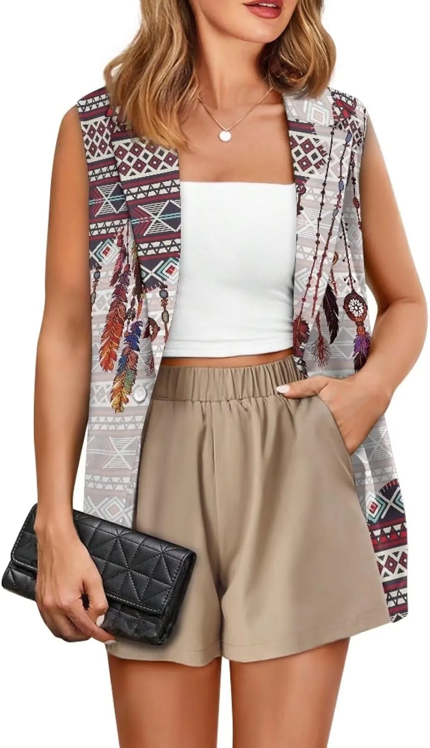Women's Aztec Print Western Ethnic Dressy Casual Versatile Western Aztec Full Lined Vest Tuxedo Suit Waistcoat