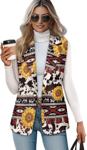 Women's Aztec Print Western Ethnic Dressy Casual Versatile Western Aztec Full Lined Vest Tuxedo Suit Waistcoat
