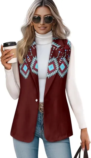 Women's Aztec Print Western Ethnic Dressy Casual Versatile Western Aztec Full Lined Vest Tuxedo Suit Waistcoat