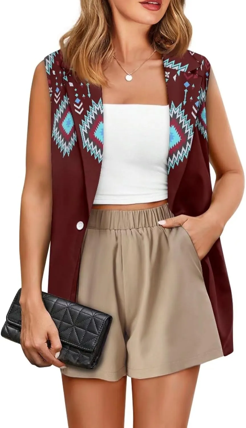 Women's Aztec Print Western Ethnic Dressy Casual Versatile Western Aztec Full Lined Vest Tuxedo Suit Waistcoat