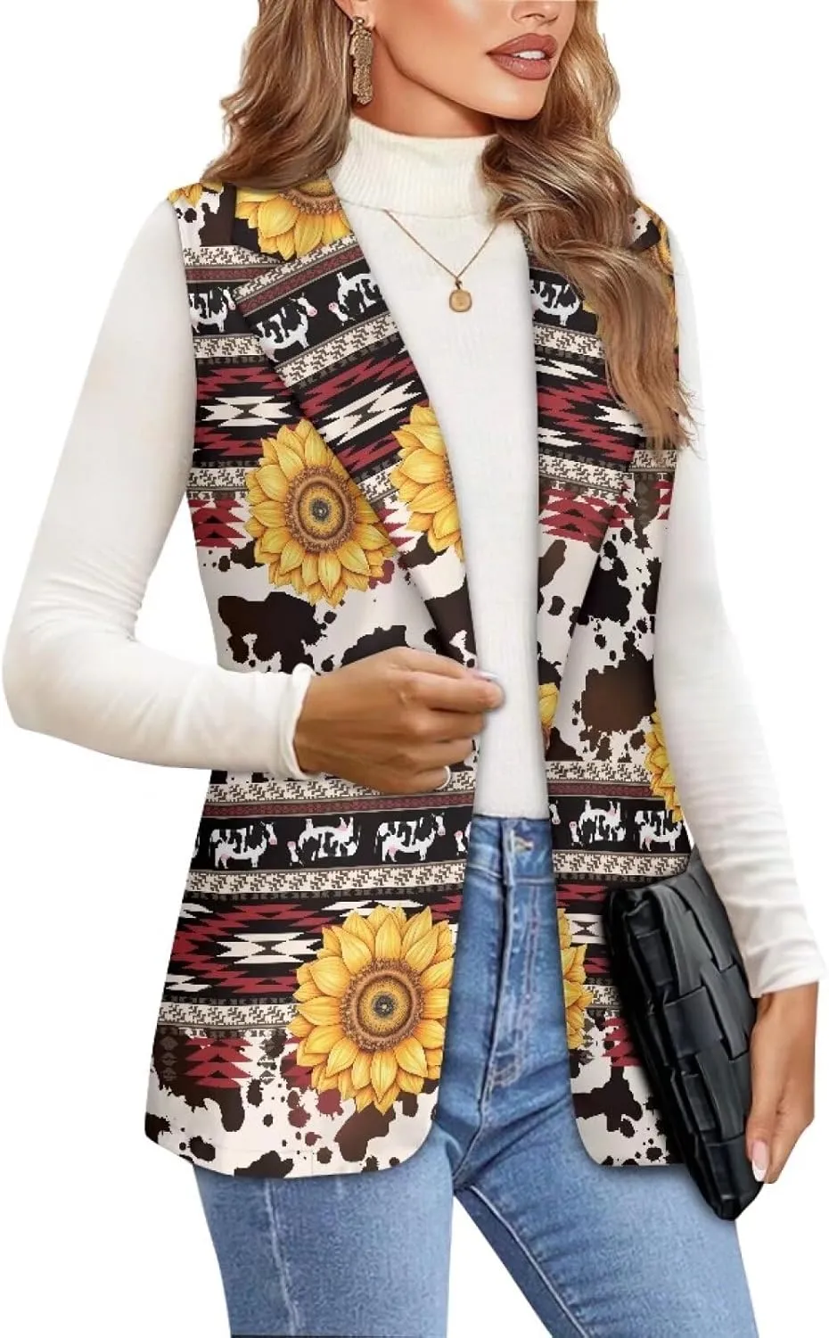 Women's Aztec Print Western Ethnic Dressy Casual Versatile Western Aztec Full Lined Vest Tuxedo Suit Waistcoat
