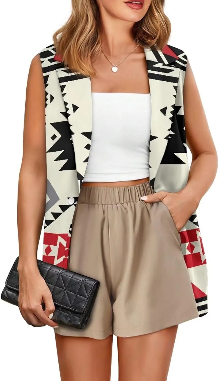 Women's Aztec Print Western Ethnic Dressy Casual Versatile Western Aztec Full Lined Vest Tuxedo Suit Waistcoat