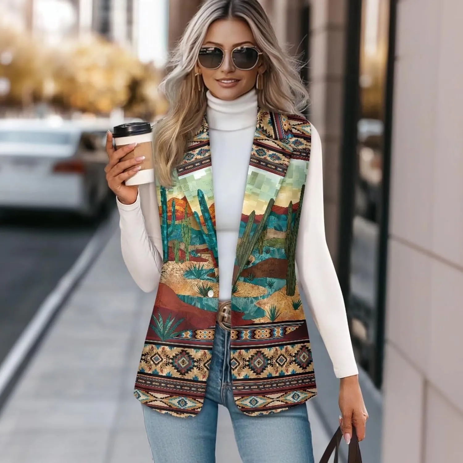 Women's Aztec Print Western Ethnic Dressy Casual Versatile Western Aztec Full Lined Vest Tuxedo Suit Waistcoat