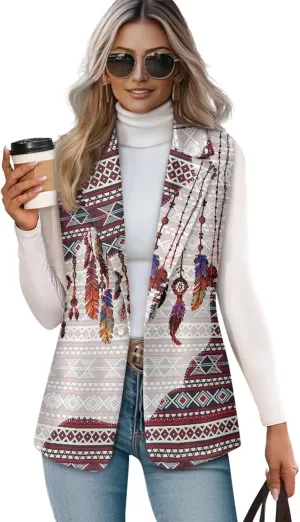 Women's Aztec Print Western Ethnic Dressy Casual Versatile Western Aztec Full Lined Vest Tuxedo Suit Waistcoat