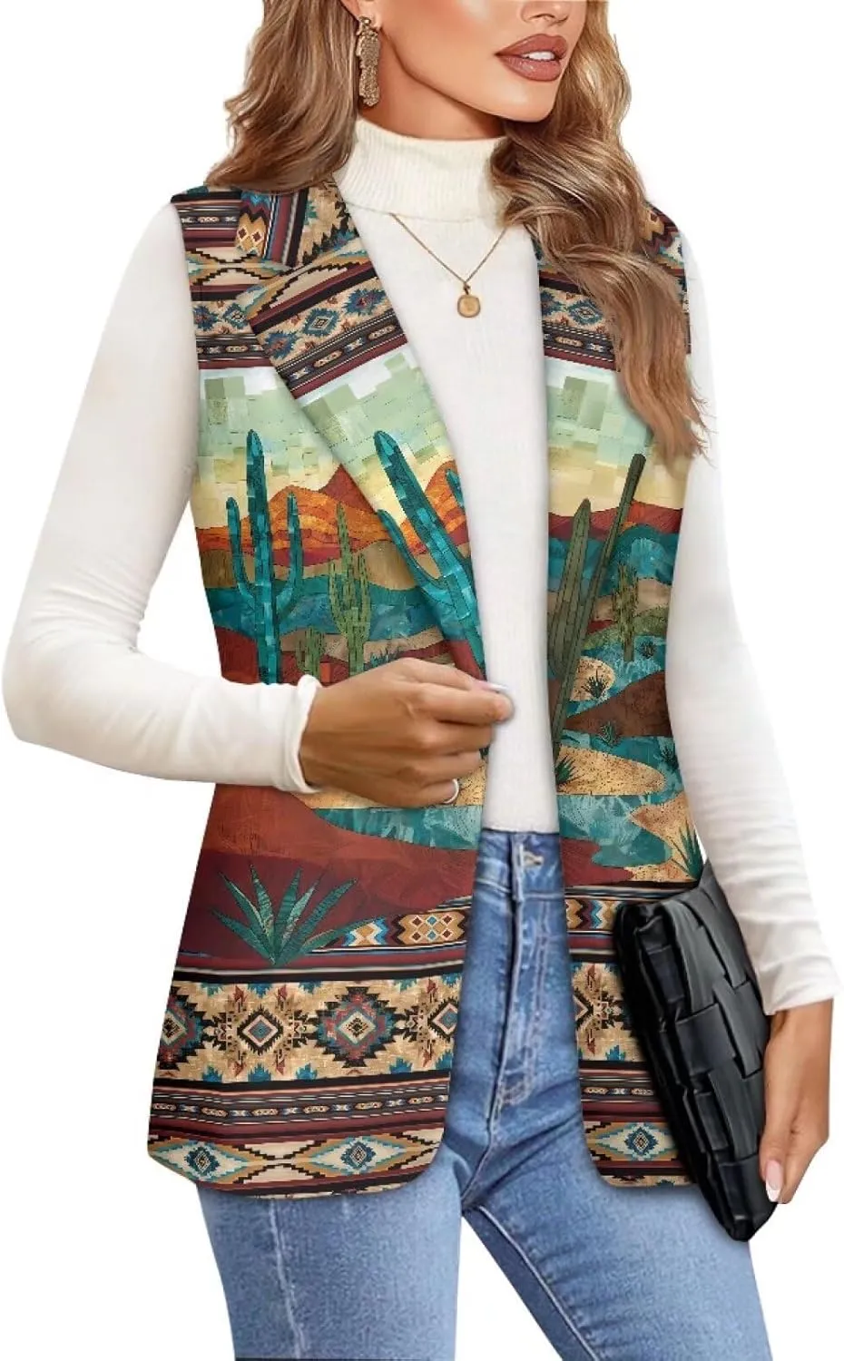 Women's Aztec Print Western Ethnic Dressy Casual Versatile Western Aztec Full Lined Vest Tuxedo Suit Waistcoat