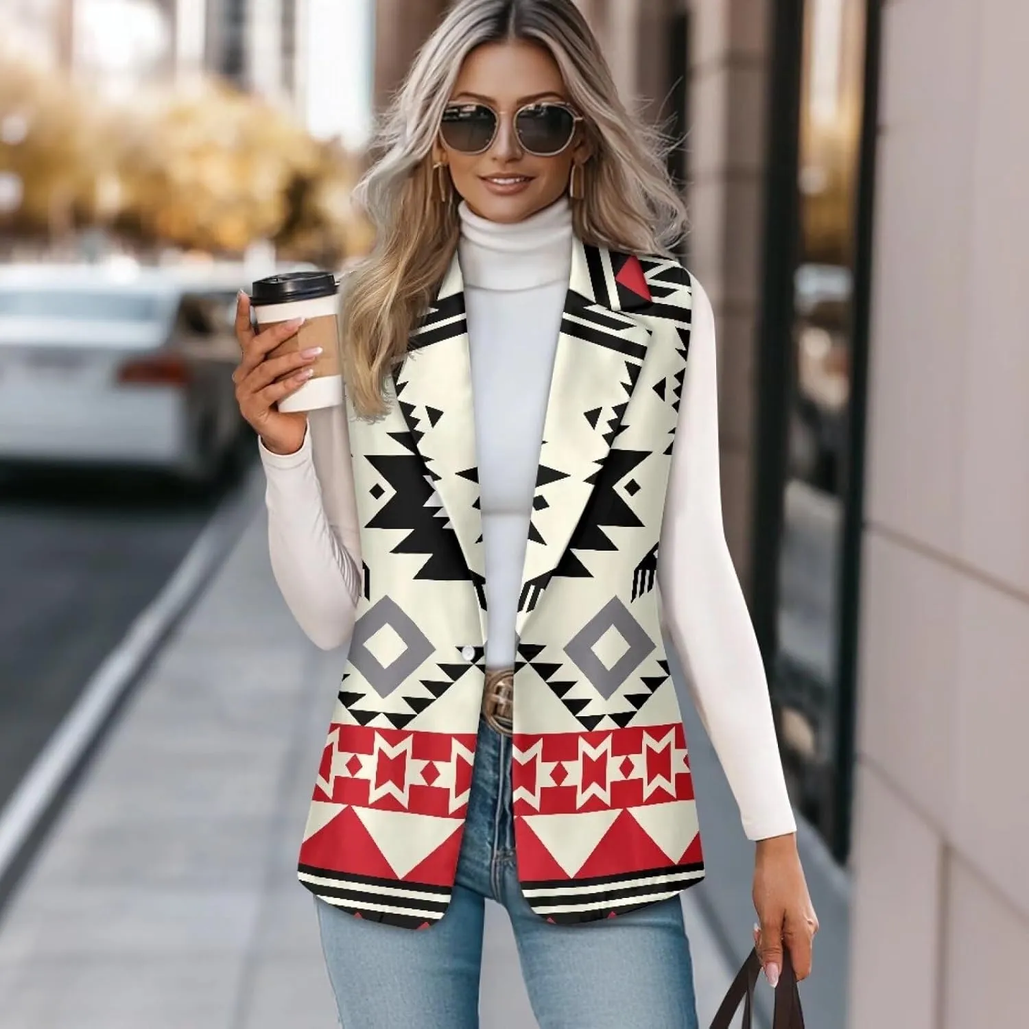 Women's Aztec Print Western Ethnic Dressy Casual Versatile Western Aztec Full Lined Vest Tuxedo Suit Waistcoat
