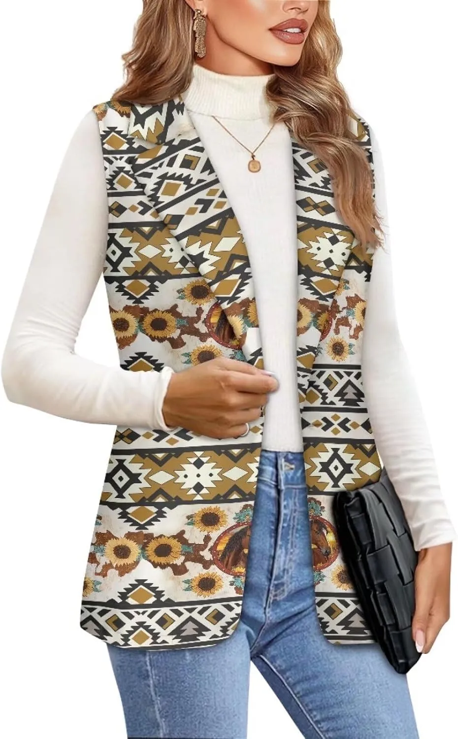 Women's Aztec Print Western Ethnic Dressy Casual Versatile Western Aztec Full Lined Vest Tuxedo Suit Waistcoat