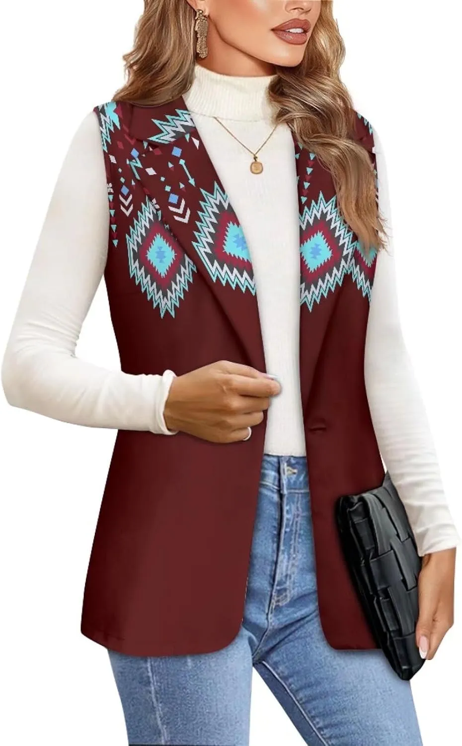 Women's Aztec Print Western Ethnic Dressy Casual Versatile Western Aztec Full Lined Vest Tuxedo Suit Waistcoat