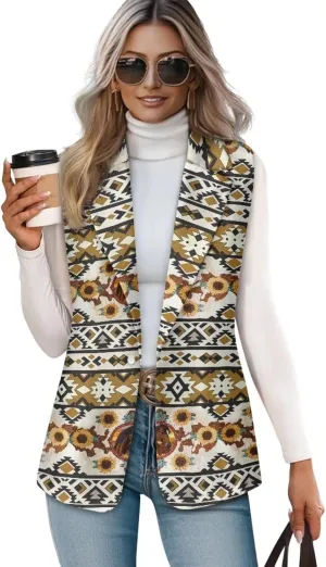 Women's Aztec Print Western Ethnic Dressy Casual Versatile Western Aztec Full Lined Vest Tuxedo Suit Waistcoat