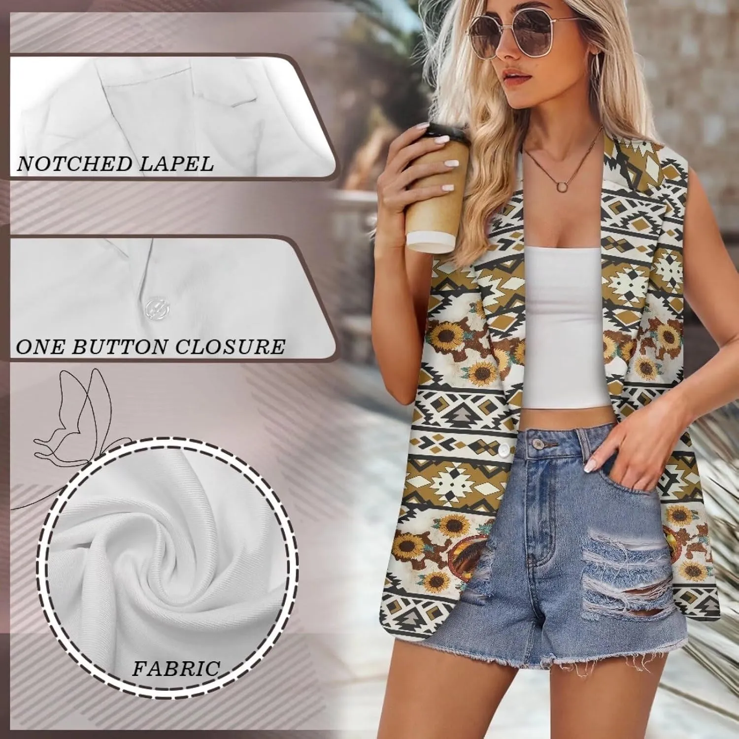 Women's Aztec Print Western Ethnic Dressy Casual Versatile Western Aztec Full Lined Vest Tuxedo Suit Waistcoat