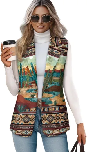 Women's Aztec Print Western Ethnic Dressy Casual Versatile Western Aztec Full Lined Vest Tuxedo Suit Waistcoat
