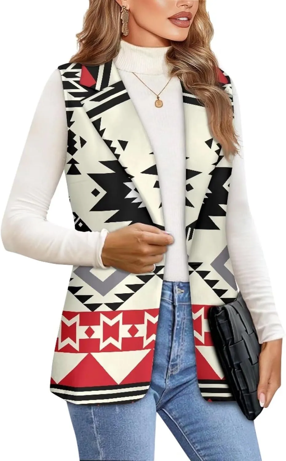Women's Aztec Print Western Ethnic Dressy Casual Versatile Western Aztec Full Lined Vest Tuxedo Suit Waistcoat