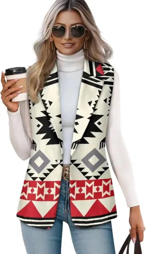 Women's Aztec Print Western Ethnic Dressy Casual Versatile Western Aztec Full Lined Vest Tuxedo Suit Waistcoat