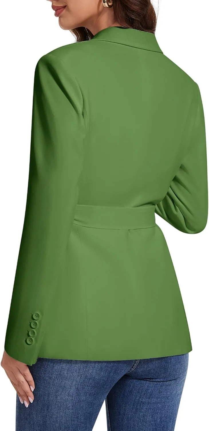 Womens Casual Blazers Long Sleeve Open Front Suit Wrap-Belted Work Office Blazers Jacket with Pockets