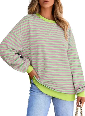 Women's Casual Striped Sweatshirt Fall Long Sleeve Crew neck Oversized Sweatshirts