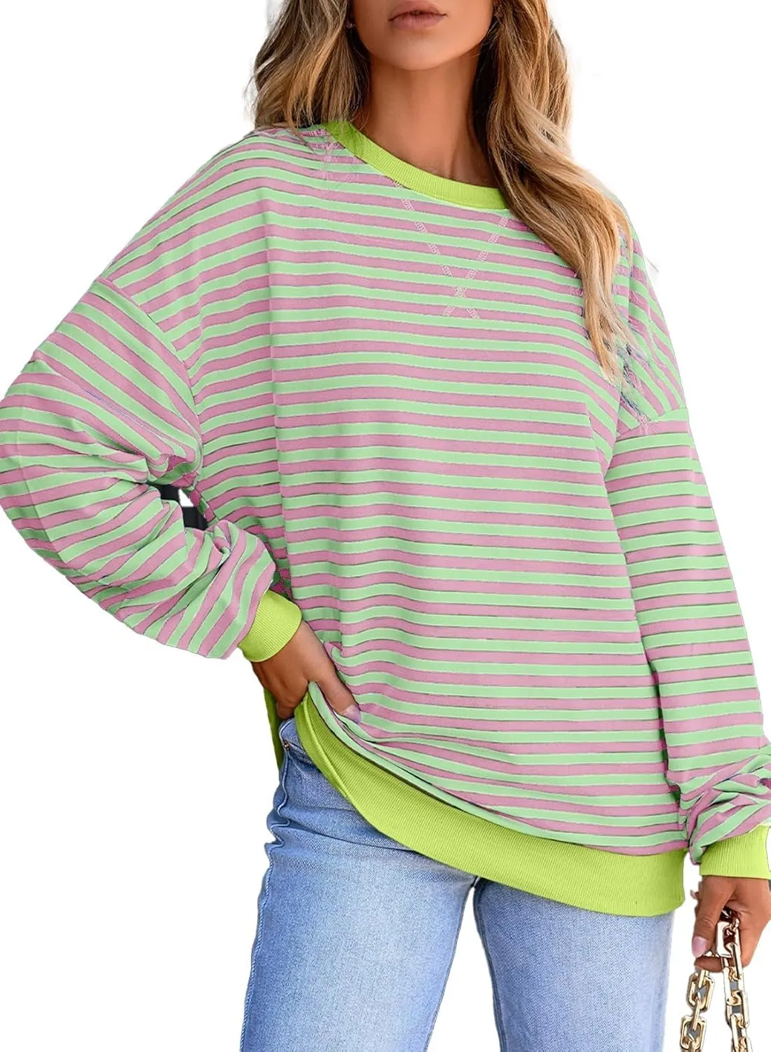 Women's Casual Striped Sweatshirt Fall Long Sleeve Crew neck Oversized Sweatshirts