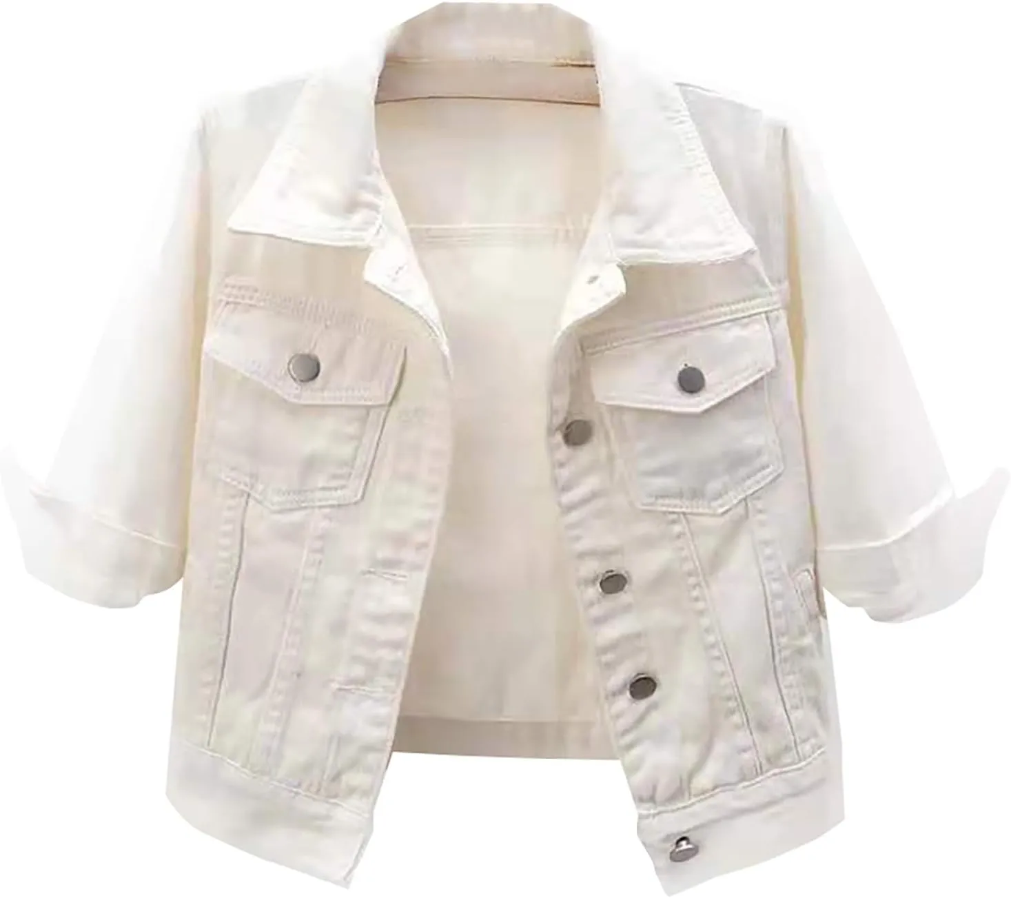Womens Cropped Denim Jacket 3/4 Sleeve Plus Size Jean Jacket Lightweight Retro Coats