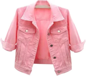 Womens Cropped Denim Jacket 3/4 Sleeve Plus Size Jean Jacket Lightweight Retro Coats