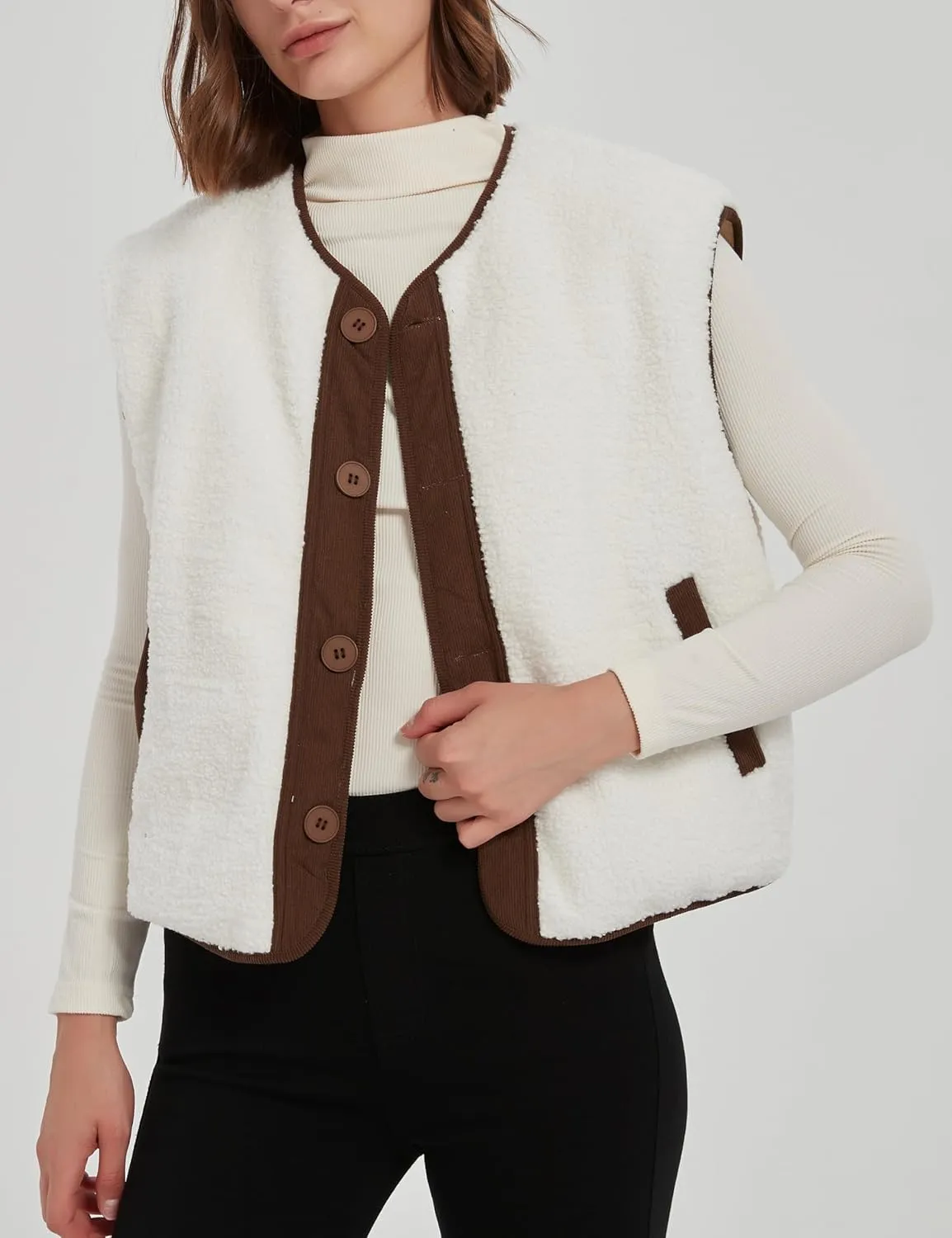 Women's Fall Quilted Puffer Vest Sleeveless Winter Reversible Sherpa Fleece Jacket Outwear with Pockets