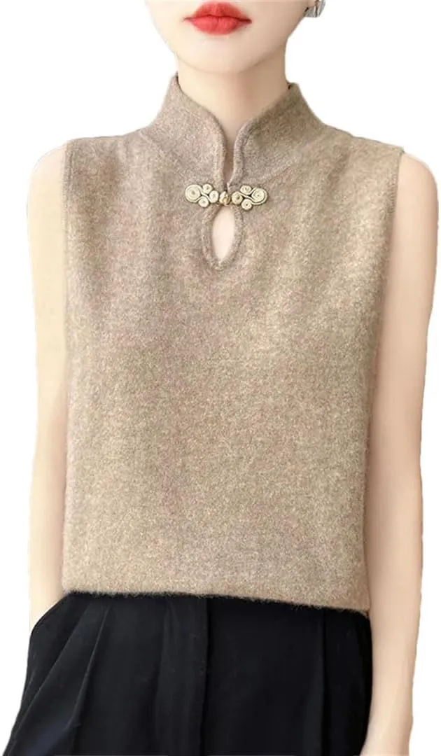 Women's Mock Collar Knit Camisole Summer Underneath Bottom Chinese Buckle Tops Slim Sleeveless T-Shirt Tops